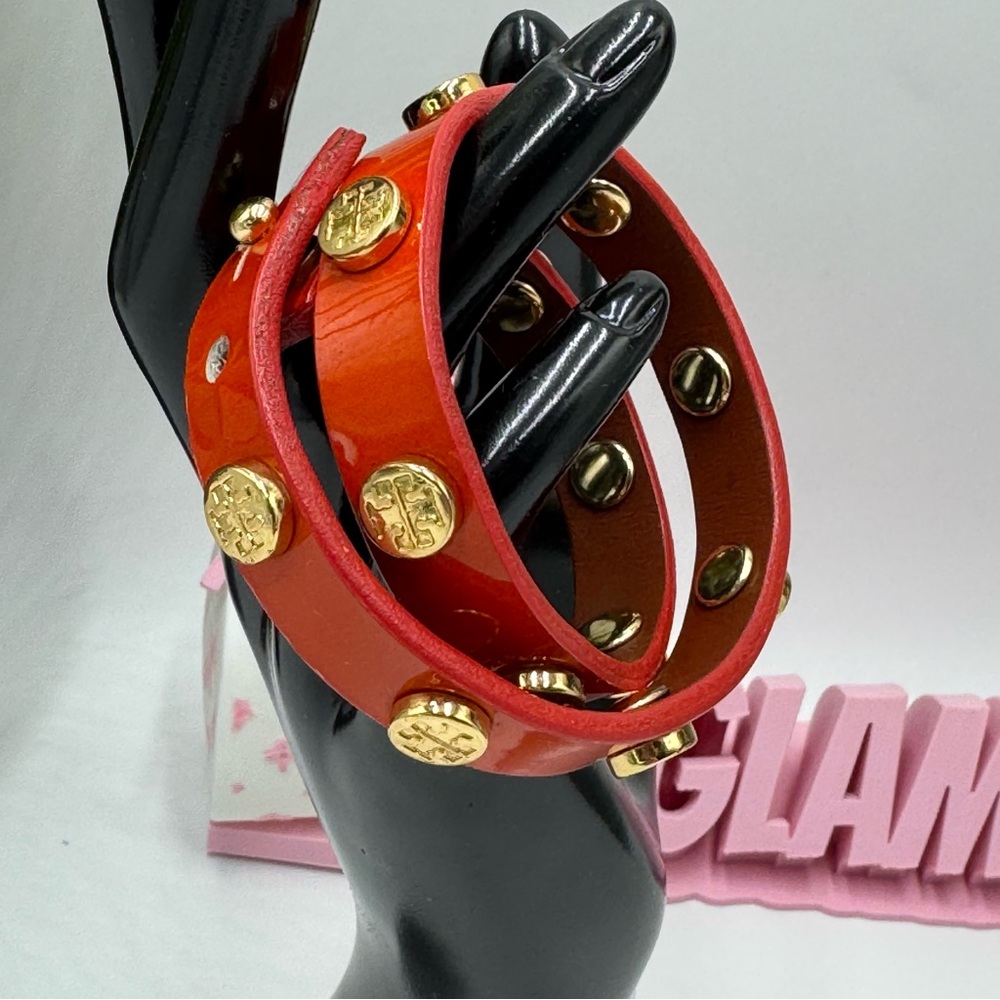 Tory Burch Orange Leather Logo Stud Double Wrap Bracelet Gold Hardware